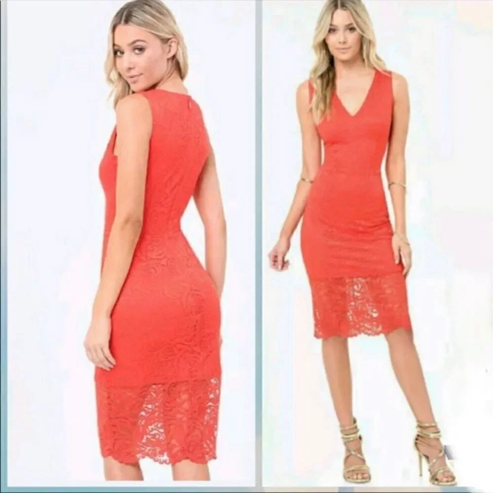 Bebe Lace Redish Orange Midi Dress Feminine Contemporary Tropical Resort Vacay